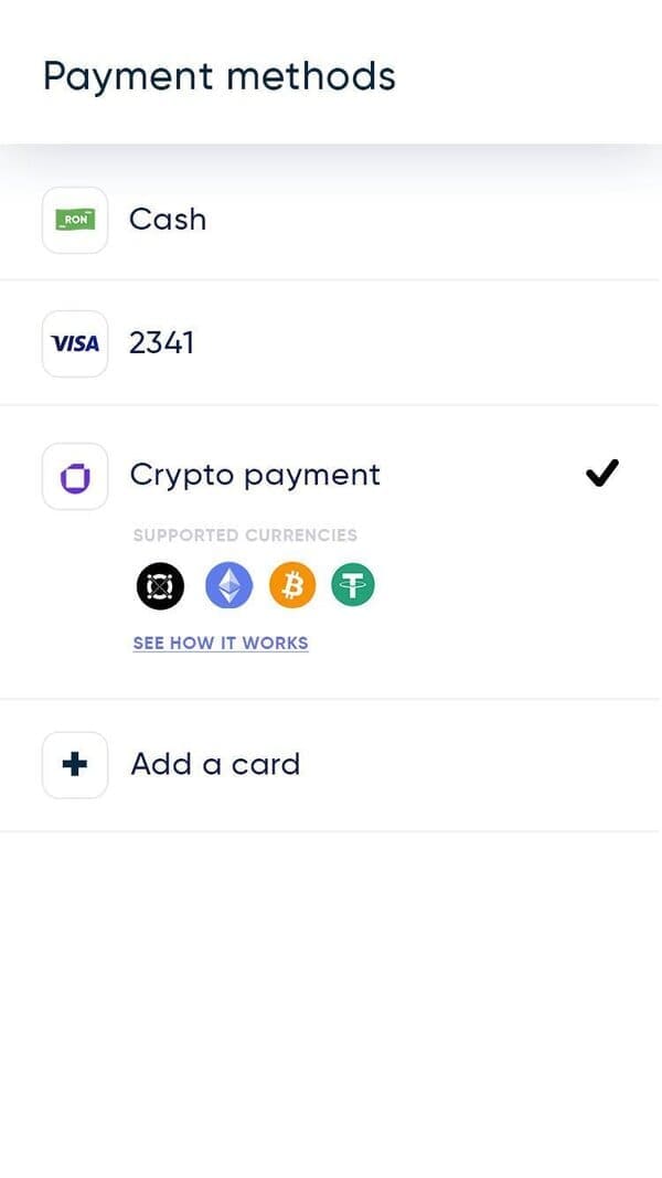 Select the payment method (cash, card, cryptocurrency)