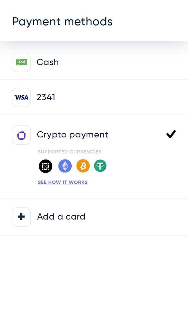Select the payment method (cash, card, cryptocurrency)