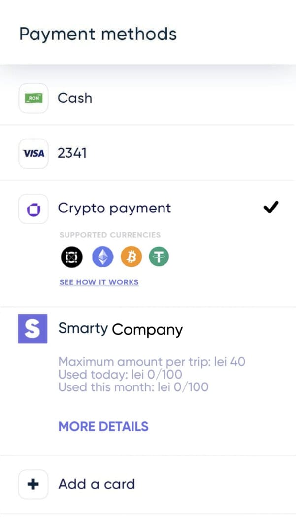 Select the payment method (cash, card, cryptocurrency, business/corporate)